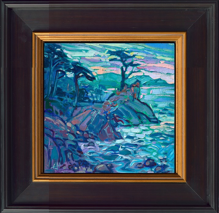 A petite work on linen board captures the beautiful colors of Lone Cypress at dusk. The Monterey cypress tree transports me right to windy beaches and foggy mornings in Carmel-by-the-Sea.</p><p>"Dusky Cypress" is an original oil painting on linen board, done in Erin Hanson's signature Open Impressionism style. The piece arrives framed in a wide, mock floater frame finished in black with gold edging.</p><p>This piece will be displayed in Erin Hanson's annual <i><a href="https://www.erinhanson.com/Event/petiteshow2023">Petite Show</i></a> in McMinnville, Oregon. This painting is available for purchase now, and the piece will ship after the show on November 11, 2023. 