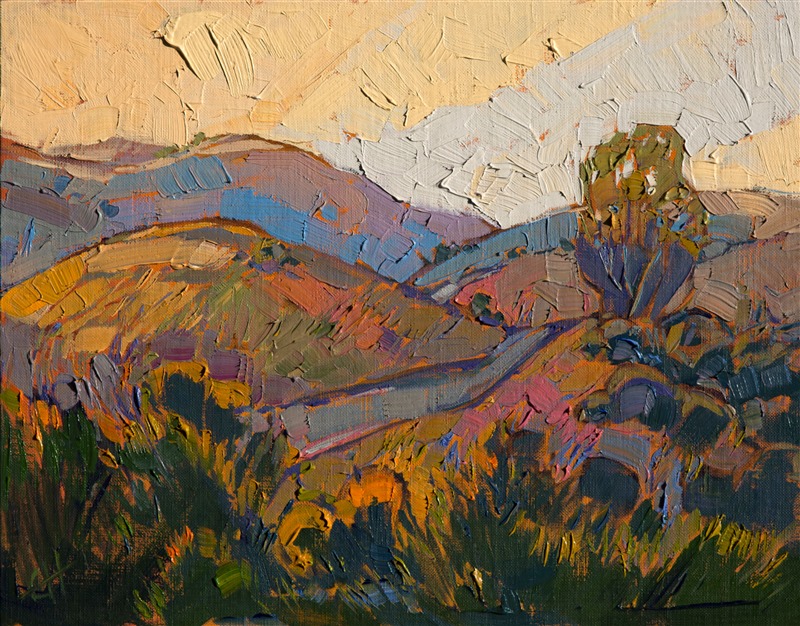 Dusky hues create a mellow atmosphere in this modern impressionist painting of central California's wine country.  Each brush stroke communicates motion and life within the landscape.</p><p>This small oil painting arrives framed and ready to hang. The second photograph above shows the painting hanging in gallery spot lighting.</p><p>This painting was auctioned at the Cowgirl Up! museum exhibition in 2016.