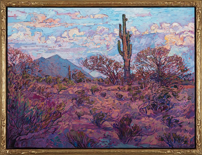 The Arizona desert south of Jerome is peppered with lone saguaro cacti, nestled among the desert scrub.  This painting captures the epitome of the Southwest desert with rich color, loose brushstrokes, and thick, impasto oil paint.</p><p>This painting is available for purchase through the Desert Caballeros Western Museum, as part of the Cowgirl Up! exhibition.</a></p><p>This painting was done on 1-1/2" canvas, with the painting continued around the edges of the canvas. The piece arrives framed and ready to hang.