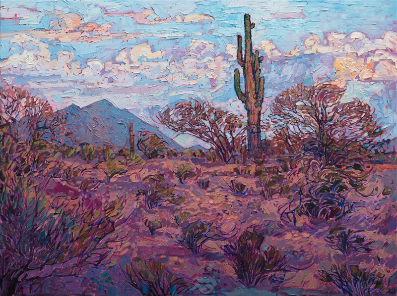 The Arizona desert south of Jerome is peppered with lone saguaro cacti, nestled among the desert scrub.  This painting captures the epitome of the Southwest desert with rich color, loose brushstrokes, and thick, impasto oil paint.</p><p>This painting is available for purchase through the Desert Caballeros Western Museum, as part of the Cowgirl Up! exhibition.</a></p><p>This painting was done on 1-1/2" canvas, with the painting continued around the edges of the canvas. The piece arrives framed and ready to hang.