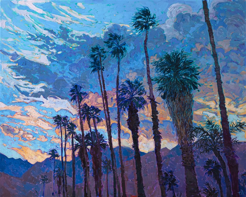 The last light of a setting sun illuminates this desert landscape, the tall California palms silhouetted against the colorful clouds. The brush strokes in this painting are loose and impressionistic, alive with color and texture.</p><p>This painting was done on 1-1/2" canvas, with the painting continued around the edges. The piece has been framed in a custom gold floating frame. 