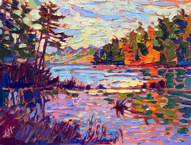Flames of autumn color are reflected in the lake waters of Acadia National Park, in Maine. The impasto brush strokes capture the vibrant beauty of the outdoors on a petite-sized canvas.</p><p>"East Coast Flame" was created on linen board, and the oil painting arrives framed in a classic plein air frame, ready to hang.