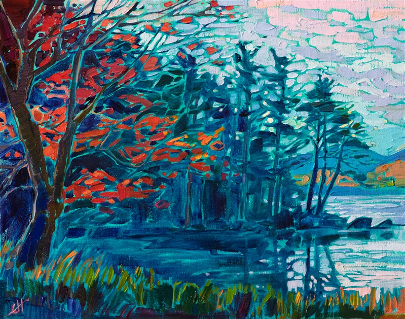This petite painting of Acadia National Park captures one of Maine's many lakes with lively strokes of color. The maple tree in the foreground stands out starkly against the background of evergreen trees.

"East Coast Maple" was created on fine linen board, and the painting arrives framed in a hand-carved and gilded plein air frame.