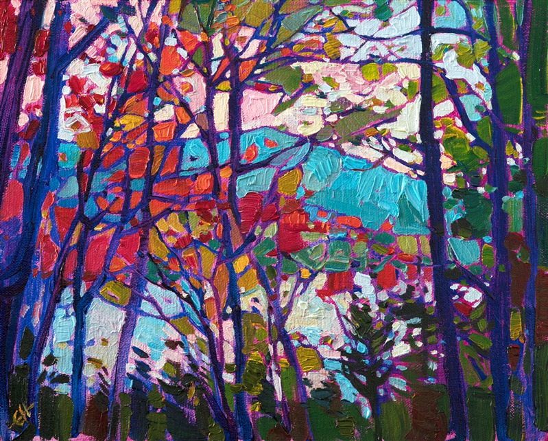 A mosaic of color, this painting captures the beauty of the east coast with vivid colors and impasto brush strokes.  This piece was inspired by a small lake in New Hampshire. This painting was done on 1/8" canvas.