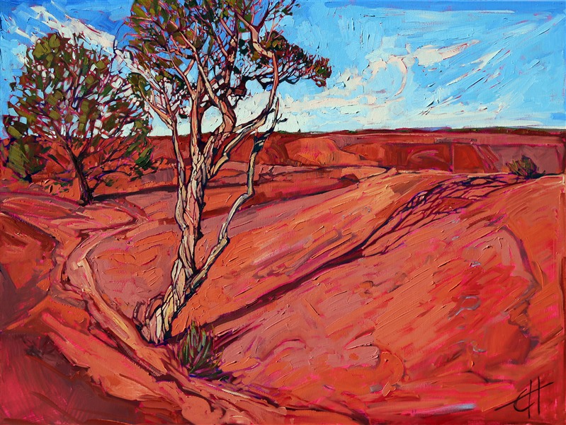 Long afternoon shadows stretch across the high sandstone cliffs of Canyon de Chelly, the red sandstone baking in the late sun. The spindly evergreens stretch and curl into the hot desert air. This oil painting captures the movement and feel of hiking the rim of Canyon de Chelly.