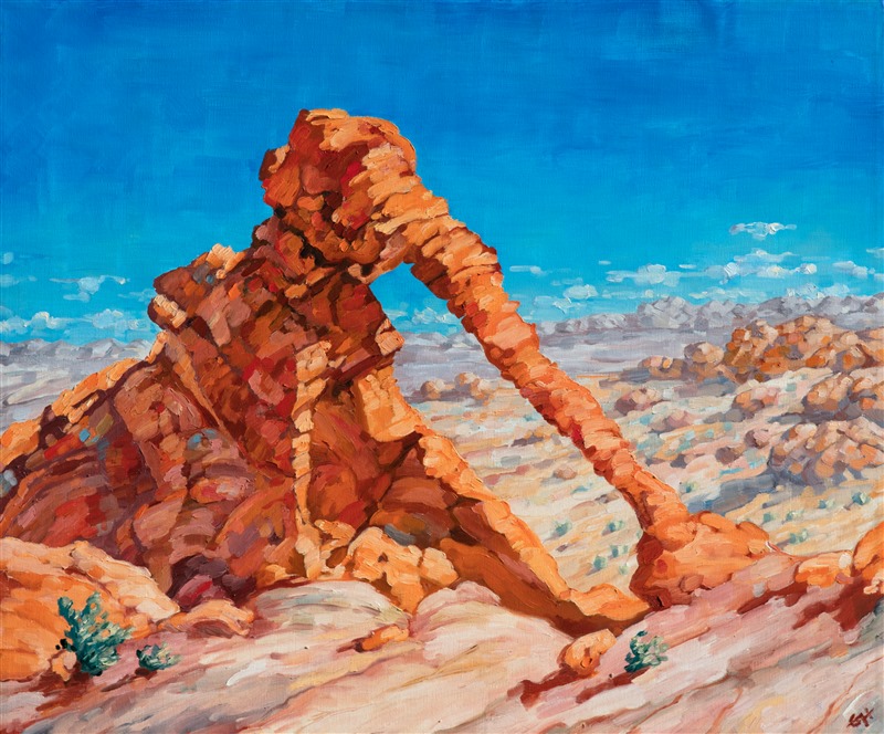 This painting was included in the exhibition <i><a href="https://www.erinhanson.com/Event/ContemporaryImpressionismatGoddardCenter" target="_blank">Open Impressionism: The Works of Erin Hanson</i></a>, a 10-year retrospective and study of the development of Open Impressionism at The Goddard Center in Ardmore, OK. 

Exhibited: <i>Erin Hanson: Landscapes of the West</i> at Sears Art Museum in St. George, Utah, in 2024.

About the Painting:
This early example of Open Impressionism was created in Las Vegas, Nevada.  This is a painting of "Elephant Rock," an animal-shaped rock formation in Valley of Fire State Park, an hour north of Vegas.  Notice the smoothly blended brush strokes and lack of an underpainting.