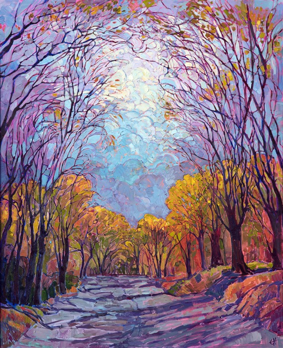This painting was inspired by a wintery drive through the tree-lined lanes of Santa Fe, New Mexico.  The tall cottonwoods stretched high overhead, creating an embroidered tapestry look with their criss-crossing branches. This painting captures the colorful yet still mood of the landscape.</p><p>This painting has been framed in an Open Impressionist frame. These frames are one-of-a-kind, hand carved and gilded with genuine gold leaf. Read more about the <a href="https://www.erinhanson.com/Blog?p=AboutErinHanson" target="_blank">painting's details here.</a>