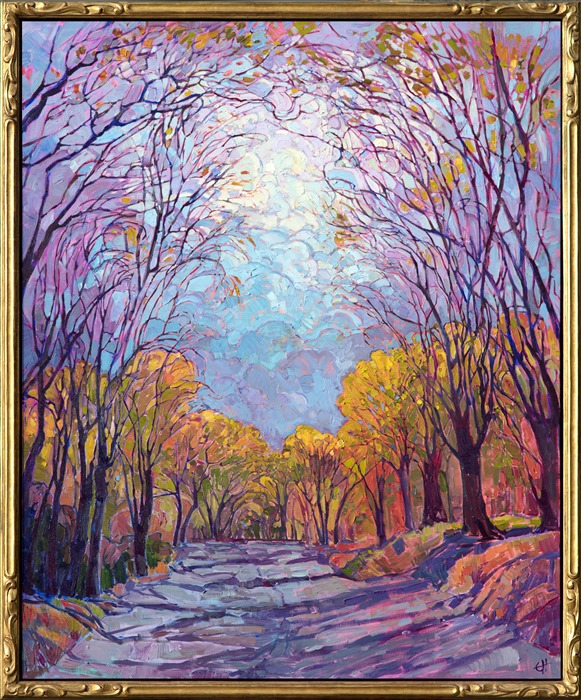 This painting was inspired by a wintery drive through the tree-lined lanes of Santa Fe, New Mexico.  The tall cottonwoods stretched high overhead, creating an embroidered tapestry look with their criss-crossing branches. This painting captures the colorful yet still mood of the landscape.</p><p>This painting has been framed in an Open Impressionist frame. These frames are one-of-a-kind, hand carved and gilded with genuine gold leaf. Read more about the <a href="https://www.erinhanson.com/Blog?p=AboutErinHanson" target="_blank">painting's details here.</a>