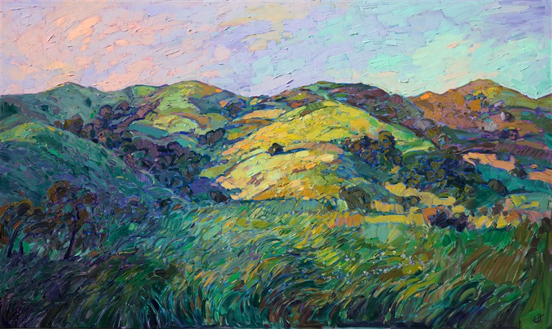 Morning light plays over the emerald hills of Paso Robles in central California.  The soft rolling hills are dotted with oak trees that cast long purple shadows across the soft grass.  Each impasto brush stroke is thick and impressionistic, creating a medley of color and texture acrosst the canvas.</p><p>This painting was done on 1-1/2" deep canvas, with the painting continued around the edges.  The painting arrives framed and ready to hang.