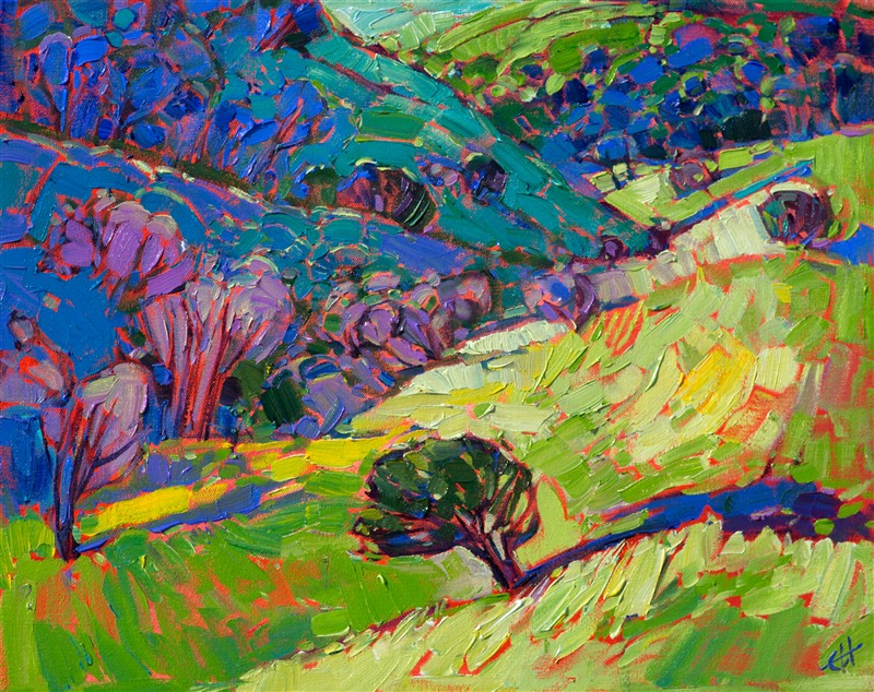 Rich emerald hues glow from the canvas in this stunning painting of central California wine country. The rounded hills are almost abstract in their perfection, and the vibrant grass glows unbelievable shades of green from the El Nino rains.</p><p>This painting has been framed in a gold plein-air style frame.  It arrives wired and ready to hang.