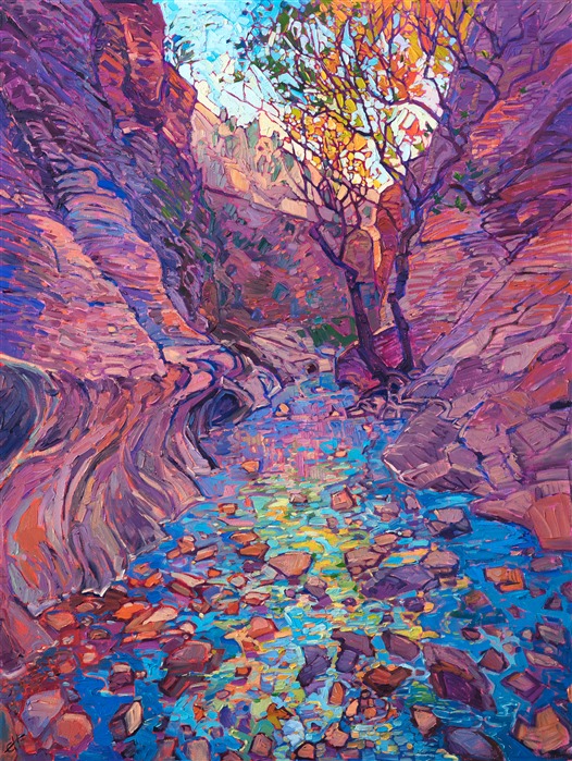 This painting was inspired by the Emerald Pools hike in Zion National Park. The trail leads up from the canyon floor steeply up into the canyon cliffs.  These emerald pools are discovered high up in the cliffs, before you cross over the peak and start descending down into the white sandstone slickrock of East Zion. This painting captures the magic of discovery in the National Parks.</p><p>This painting was done on 1-1/2" canvas, with the painting continued around the edge of the canvas. This piece has been framed in a gold, hand-carved open impressionist frame.</p><p>This painting will be shown in the <a href="https://www.erinhanson.com/Event/redrock2018" target=_blank"><i>The Red Rock Show</i></a> at The Erin Hanson Gallery, June 16th, 2018.  <a href="https://www.erinhanson.com/Portfolio?col=The_Red_Rock_Show_2018" target="_blank"><u>Click here</u></a> to view the other Red Rock paintings.