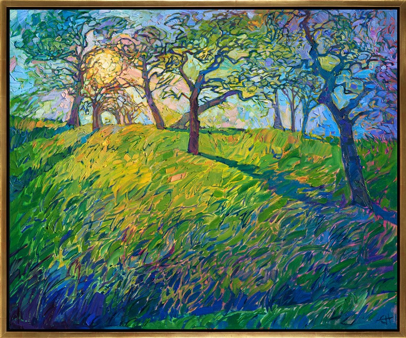 The coastal mists in Paso Robles, California, create beautiful light patterns among the oak trees in the early morning.  The sun, still low on the horizon, casts long rays of refracted color across the landscape, transforming the hillside into a rainbow medley of color.  The brush strokes in this painting are loose and impressionistic, capturing the movement of transient light.</p><p>This painting was done on 1-1/2" canvas, with the painting continued around the edges of the canvas.  The piece arrives framed and ready to hang.