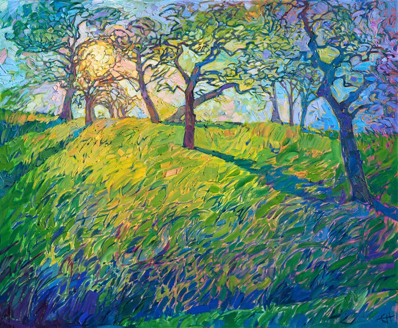 The coastal mists in Paso Robles, California, create beautiful light patterns among the oak trees in the early morning.  The sun, still low on the horizon, casts long rays of refracted color across the landscape, transforming the hillside into a rainbow medley of color.  The brush strokes in this painting are loose and impressionistic, capturing the movement of transient light.

This painting was done on 1-1/2" canvas, with the painting continued around the edges of the canvas.  The piece arrives framed and ready to hang.