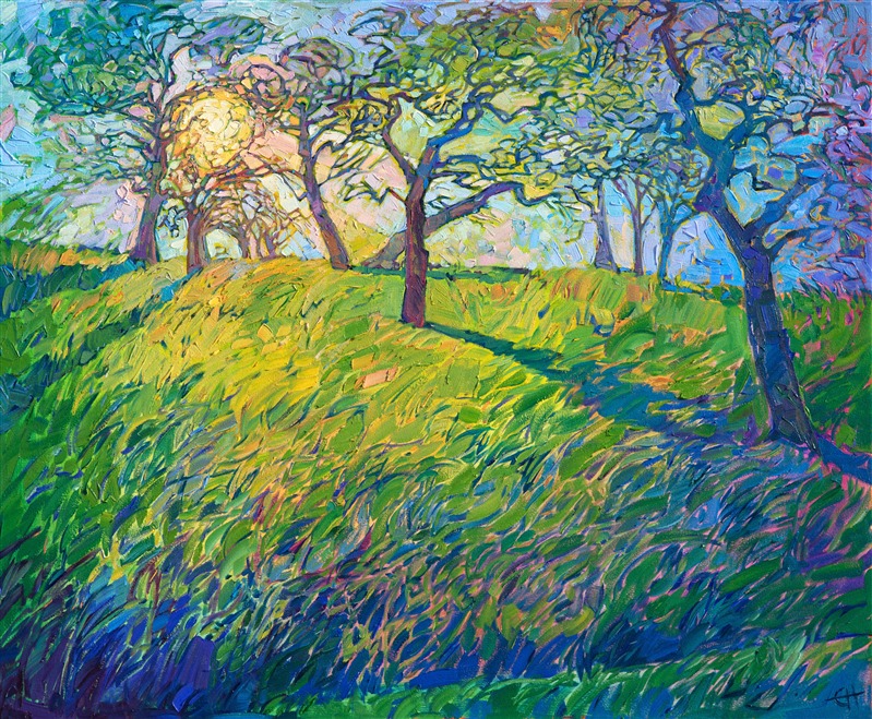 The coastal mists in Paso Robles, California, create beautiful light patterns among the oak trees in the early morning.  The sun, still low on the horizon, casts long rays of refracted color across the landscape, transforming the hillside into a rainbow medley of color.  The brush strokes in this painting are loose and impressionistic, capturing the movement of transient light.</p><p>This painting was done on 1-1/2" canvas, with the painting continued around the edges of the canvas.  The piece arrives framed and ready to hang.