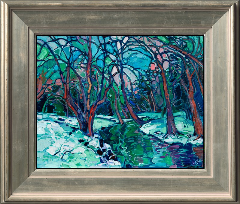 This petite work captures the colors of winter on a 16x20 linen board. The painting is alive with texture and movement, while the colors seem to glow like a picture in stained glass. A local creek called Baker Creek in McMinnville inspired this painting.