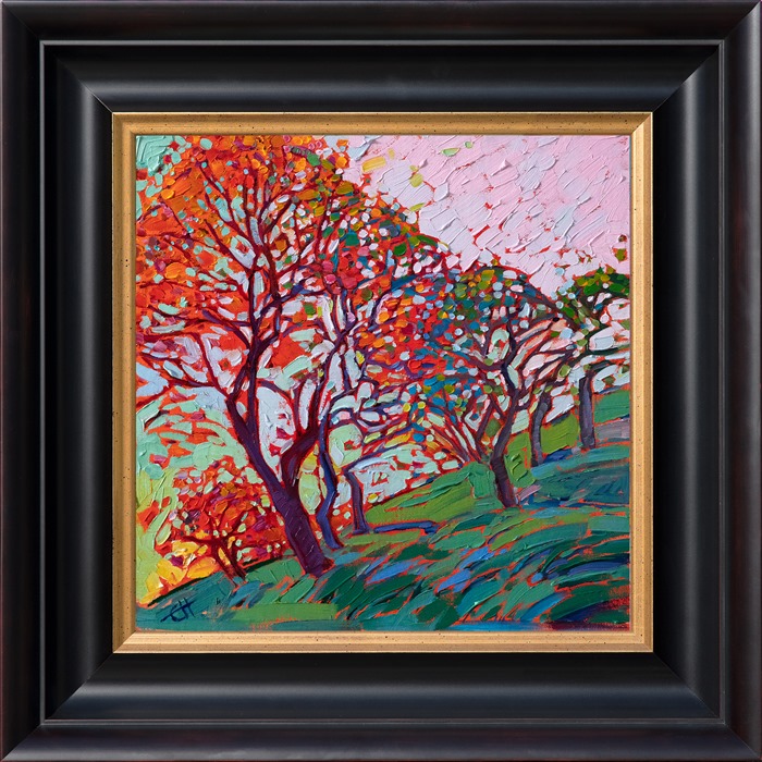 Dappled light plays through the branches of these trees from New Hampshire. This piece was inspired by a trip to the east coast to experience the autumn colors.</p><p>"Enchanted Light" was created on 1/8" linen board. The piece arrives framed in a plein air frame, ready to hang.