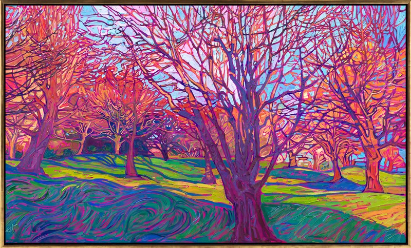 Winter maple trees from Erin's estate in the Willamette Valley, Oregon, are painted here in vivid colors of sunset, offset with cool shadow tones in the wet, cool grass.</p><p>"Estate Maples" was created on gallery-depth canvas, and the painting arrives framed in a contemporary gold floater frame, ready to hang.