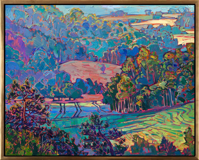 Etretat is one of the sites along the Normandy coast in France that Claude Monet famously painted. I visited Etretat to gather inspiration myself, but I was drawn not to the coastal cliffs, but inland, to the layers of rolling hills covered in oak trees and farmland. This painting captures a misty morning bathed in golden hour light.