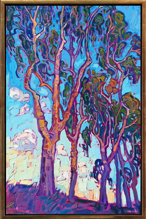 A grove of California eucalyptus trees catches the late afternoon light in this impressionist oil painting of San Diego. The thickly applied, impasto brush strokes are alive with vibrant color and energy. </p><p>"Eucalyptus Blue" is an original oil painting for sale by Open Impressionist Erin Hanson. The original was done on linen board, and the piece arrives framed in a contemporary gold floater frame finished in burnished, 23kt gold leaf.