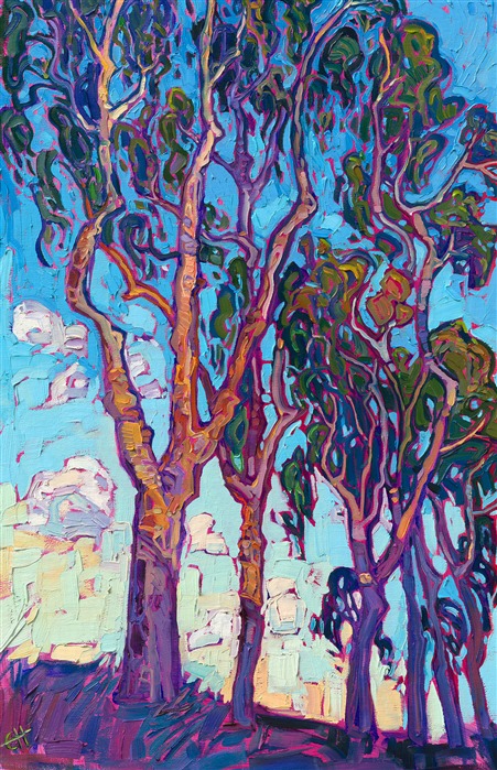 A grove of California eucalyptus trees catches the late afternoon light in this impressionist oil painting of San Diego. The thickly applied, impasto brush strokes are alive with vibrant color and energy. </p><p>"Eucalyptus Blue" is an original oil painting for sale by Open Impressionist Erin Hanson. The original was done on linen board, and the piece arrives framed in a contemporary gold floater frame finished in burnished, 23kt gold leaf.