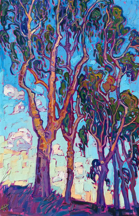 A grove of California eucalyptus trees catches the late afternoon light in this impressionist oil painting of San Diego. The thickly applied, impasto brush strokes are alive with vibrant color and energy. 

"Eucalyptus Blue" is an original oil painting for sale by Open Impressionist Erin Hanson. The original was done on linen board, and the piece arrives framed in a contemporary gold floater frame finished in burnished, 23kt gold leaf.