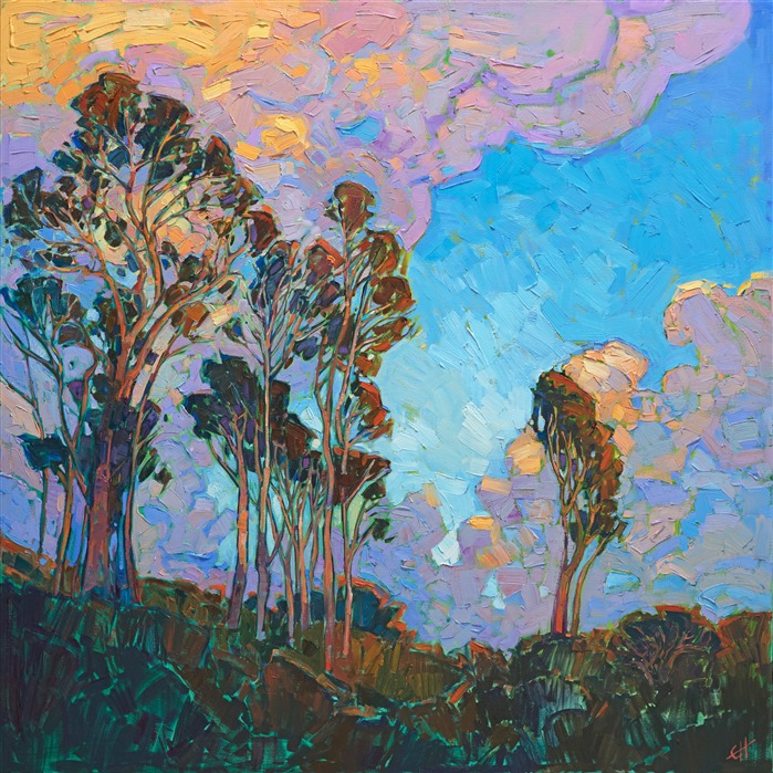 San Diego eucalyptus stand before a floating array of colorful coastal clouds. The brush strokes are loose and impressionistic, bringing to life the vivid hues of the scene. </p><p>This painting was created on 1-1/2" canvas, with the painting continued around the edges of the gallery-depth canvas. The piece will be framed in a custom gold floater frame.