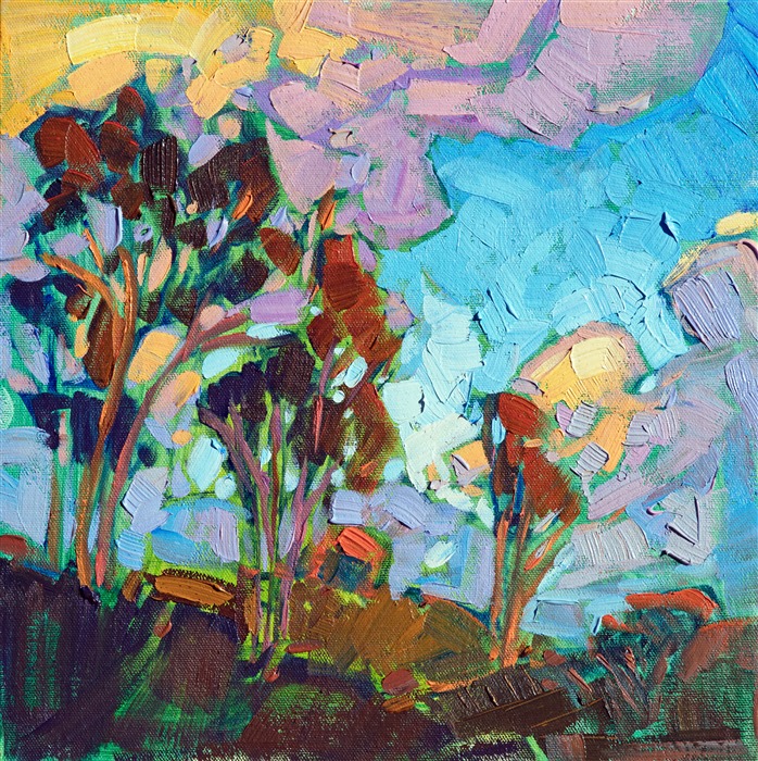 Billowing clouds catch the late afternoon light in this painting of San Diego eucalyptus trees. The loose brush strokes create a mosaic of color and texture across the canvas.