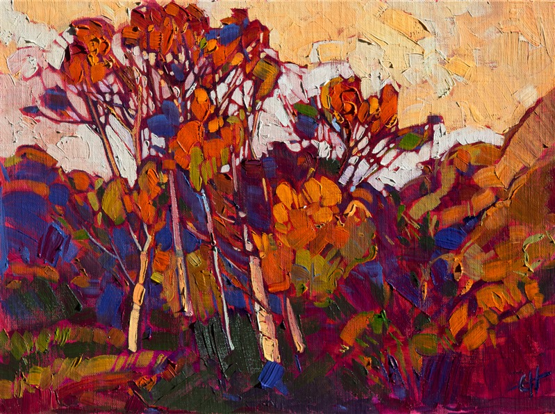 Vivid sunset color is captured in this beautifully vibrant oil painting in the Open Impressionist style.

This small oil painting arrives framed and ready to hang. The second photograph above shows the painting hanging in gallery spot lighting. 