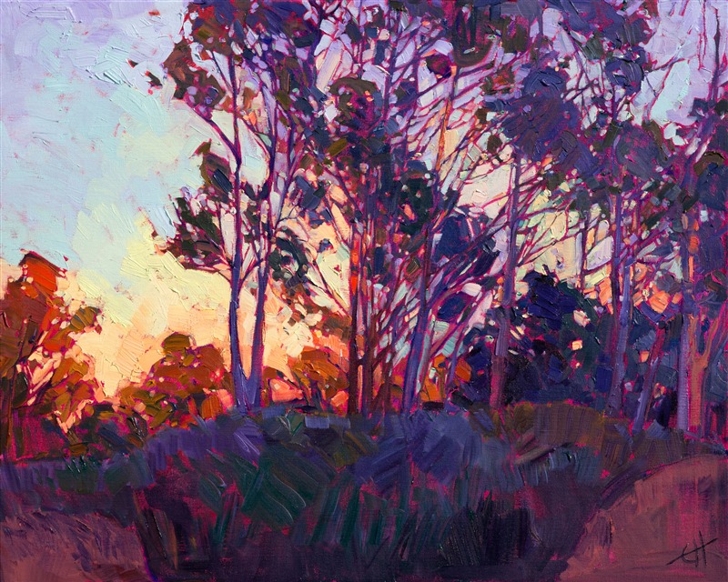 These southern California eucalyptus trees form perfect abstract shapes against the brilliant sunset colors of summer.  The thick, impressionist brush strokes are alive with motion, creating a mosaic of texture and color across the canvas.</p><p>This painting was created on gallery-depth canvas, with the painting continued around the edges. This painting may be hung without being framed, as the sides are painted as a continuation of the piece.</p><p>Exhibited: "Impressions in Oil", Studios on the Park. Paso Robles, CA. 2015