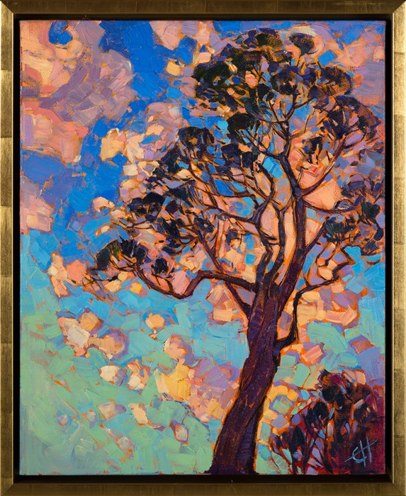 This California eucalyptus stands before a breaking dawn sky, its branches forming abstract shapes across the brightening sky. The brush strokes are thick and lively, full of motion and energy.  This contemporary impressionist style is known as Open Impressionism.</p><p>This painting was created on gallery-depth canvas, with the painting continued around the sides of the canvas. 