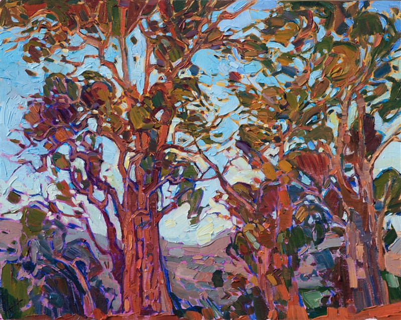 Napa Valley has some beautiful large, old eucalyptus trees with enormous wide trunks. I painted these trees during my favorite time of the day: the golden hour, when the entire landscape turns hues of pale red and orange. The brush strokes in this painting are loose and expressive, capturing the movement of the outdoors.</p><p>This painting was done on 1/8" canvas, and it arrives framed and ready to hang.