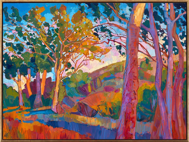 The eucalyptus trees of southern California seem to always have a special light around them, their chalky bark reflecting even the most subtle pinks and blues of the atmosphere. This is one of the many groves of eucalyptus trees that attracted Erin in the La Jolla vicinity.</p><p>"Eucalyptus Grove" is an original oil painting on canvas. The piece has been framed in a gold floater frame, and it arrives ready to hang.