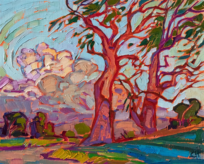 A pair of eucalyptus trees stand in Big Canyon Country Club in southern California, majestic coastal clouds billowing in the background. The thickly applied strokes of oil paint stand out from the canvas, adding a sense of movement to the painting.</p><p>"Eucalyptus II" was created on 1/8" linen board. The painting arrives framed in a gold plein air frame, ready to hang.