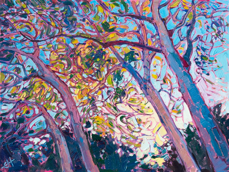 A modern impressionism oil painting, this work captures the life and movement of the iconic California eucalytpus.  The brush strokes flow like the movement of wind through the branches and elongated leaves.  The light is soft and beautifully variegated. 

This painting was done on 3/4"-deep stretched canvas. It has been framed in a classic gold frame and arrives wired and ready to hang.