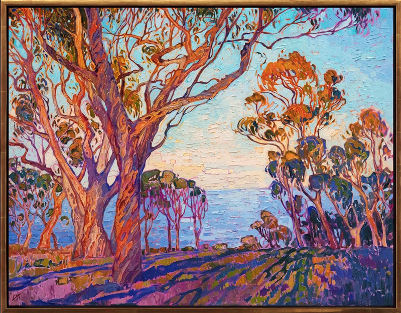 The view from the high hills of La Jolla is most beautiful in the early dawn, when the eucalyptus trees are colored in buttery hues of pink and orange, and the shadows stretch softly across the earth. This peaceful scene was inspired by an early morning walk near the university campus in La Jolla, California.</p><p>"Eucalyptus Vista" was created on 1-1/2" canvas, with the painting continued around the edges of the canvas. The piece arrives framed in a 23kt gold leaf floating frame.