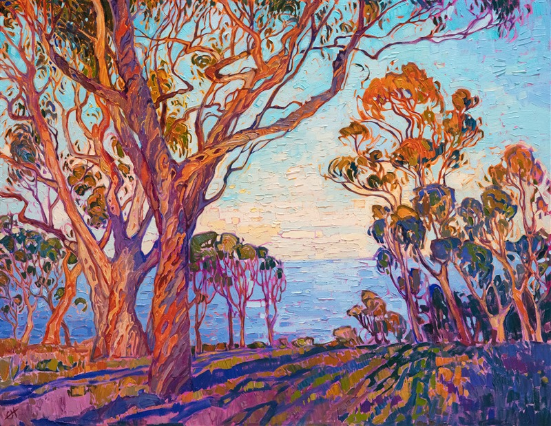 The view from the high hills of La Jolla is most beautiful in the early dawn, when the eucalyptus trees are colored in buttery hues of pink and orange, and the shadows stretch softly across the earth. This peaceful scene was inspired by an early morning walk near the university campus in La Jolla, California.</p><p>"Eucalyptus Vista" was created on 1-1/2" canvas, with the painting continued around the edges of the canvas. The piece arrives framed in a 23kt gold leaf floating frame.