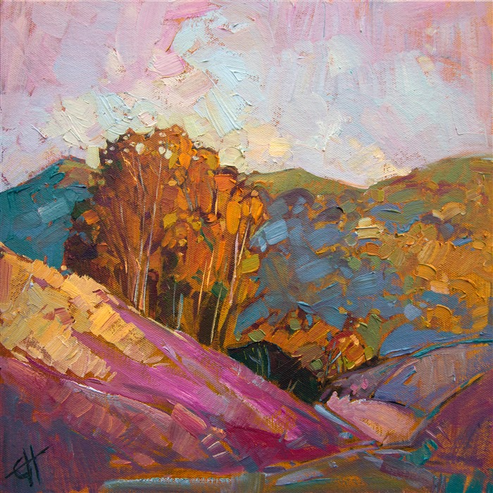 California eucalyptus trees catch the fading afternoon light in a flare of color, in this small oil painting on board.
