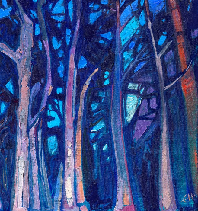 I was driving down 17 Mile Drive in Carmel, on my way to photograph Lone Cypress at sunrise. The sky was lightening to a rich cobalt blue, and my headlights were illuminating the cypress trees in front of me. The effect was very "Maxfield Parrish,"and I couldn't wait to get home to put my brush to the scene.