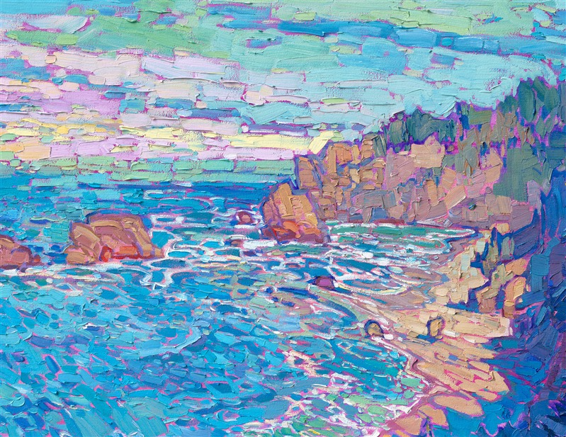 The northern Pacific coast is captured in vivid colors of green, blue, and turquoise. The rocky boulders dotting the coastline catch the early morning light, glowing warm hues of peach and chestnut. Thick brush strokes of oil paint re-create the movement of the waters and the wind through the redwoods.</p><p>"Evergreen Coast" is an original oil painting on gallery-deep canvas. The piece arrives framed in a burnished silver floater frame, ready to hang.