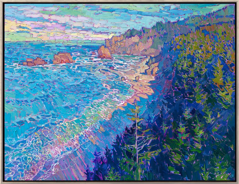 The northern Pacific coast is captured in vivid colors of green, blue, and turquoise. The rocky boulders dotting the coastline catch the early morning light, glowing warm hues of peach and chestnut. Thick brush strokes of oil paint re-create the movement of the waters and the wind through the redwoods.</p><p>"Evergreen Coast" is an original oil painting on gallery-deep canvas. The piece arrives framed in a burnished silver floater frame, ready to hang.