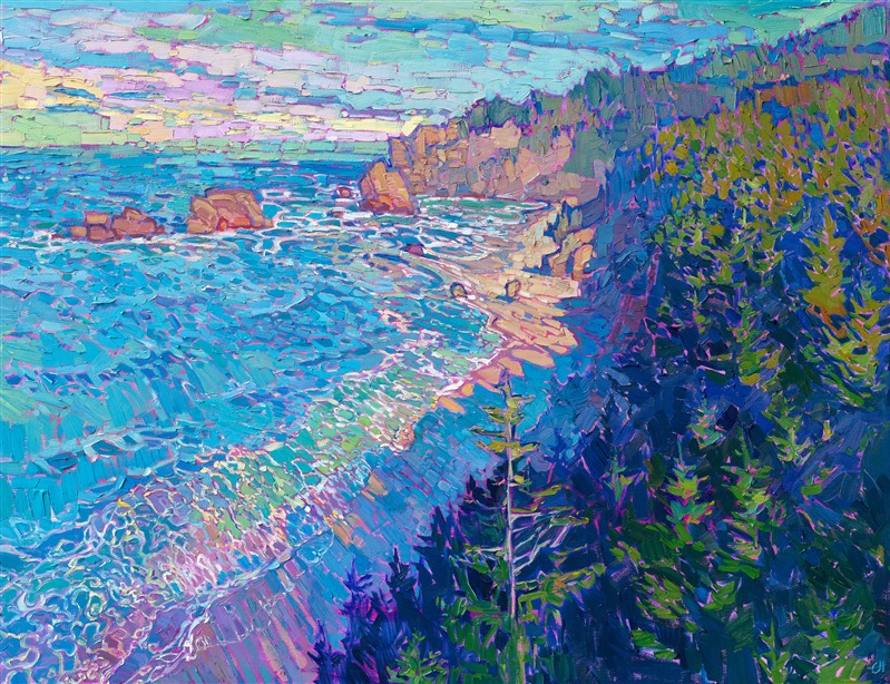 The northern Pacific coast is captured in vivid colors of green, blue, and turquoise. The rocky boulders dotting the coastline catch the early morning light, glowing warm hues of peach and chestnut. Thick brush strokes of oil paint re-create the movement of the waters and the wind through the redwoods.</p><p>"Evergreen Coast" is an original oil painting on gallery-deep canvas. The piece arrives framed in a burnished silver floater frame, ready to hang.