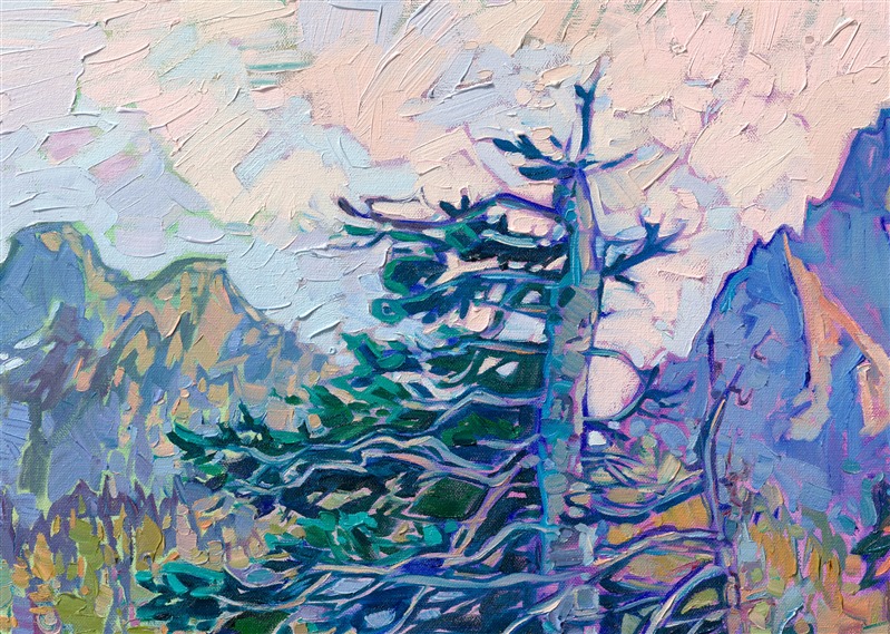 I stayed at Paradise Lodge at the base of Mt. Rainier to get inspiration from the majestic peak. In this painting, I captured the beautiful Noble Firs that grow at the base of Mt. Rainier--I absolutely love their wind-swept branches, looking as if they had braved centuries of icy winds and snow-laden winters.