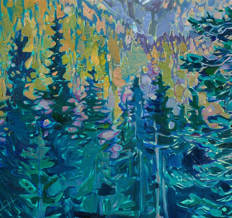 I stayed at Paradise Lodge at the base of Mt. Rainier to get inspiration from the majestic peak. In this painting, I captured the beautiful Noble Firs that grow at the base of Mt. Rainier--I absolutely love their wind-swept branches, looking as if they had braved centuries of icy winds and snow-laden winters.
