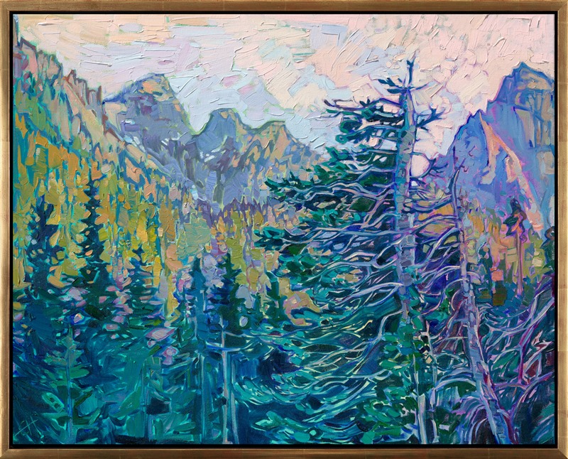I stayed at Paradise Lodge at the base of Mt. Rainier to get inspiration from the majestic peak. In this painting, I captured the beautiful Noble Firs that grow at the base of Mt. Rainier--I absolutely love their wind-swept branches, looking as if they had braved centuries of icy winds and snow-laden winters.