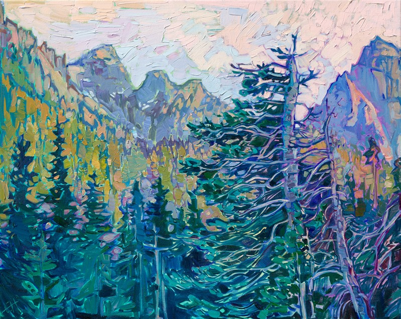 I stayed at Paradise Lodge at the base of Mt. Rainier to get inspiration from the majestic peak. In this painting, I captured the beautiful Noble Firs that grow at the base of Mt. Rainier--I absolutely love their wind-swept branches, looking as if they had braved centuries of icy winds and snow-laden winters.