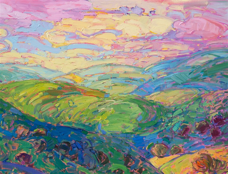 Expressionistic color dances across the canvas in this interpretation of central California wine country.  The softly curved hills and rounded oak trees form complementary patterns in the landscape.  The long summer grasses are captured with curving brush strokes that are reminiscent of van Gogh.</p><p>This large oil painting was created on 2"-deep stretched canvas, with the painting continued around the edges.  This painting has not been been framed, and it can be hung on the wall unframed for a contemporary look.  Please let me know if you are interested in purchasing this painting with a frame.