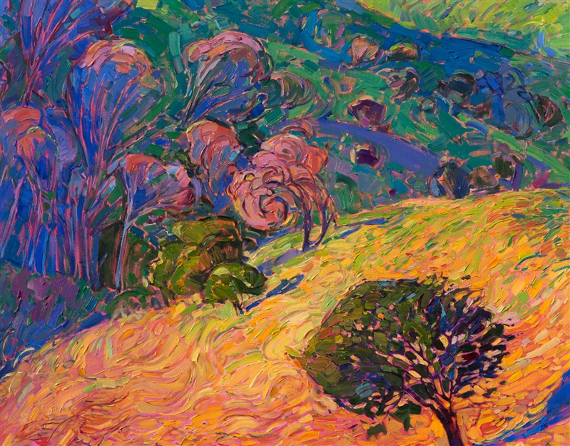 Expressionistic color dances across the canvas in this interpretation of central California wine country.  The softly curved hills and rounded oak trees form complementary patterns in the landscape.  The long summer grasses are captured with curving brush strokes that are reminiscent of van Gogh.</p><p>This large oil painting was created on 2"-deep stretched canvas, with the painting continued around the edges.  This painting has not been been framed, and it can be hung on the wall unframed for a contemporary look.  Please let me know if you are interested in purchasing this painting with a frame.