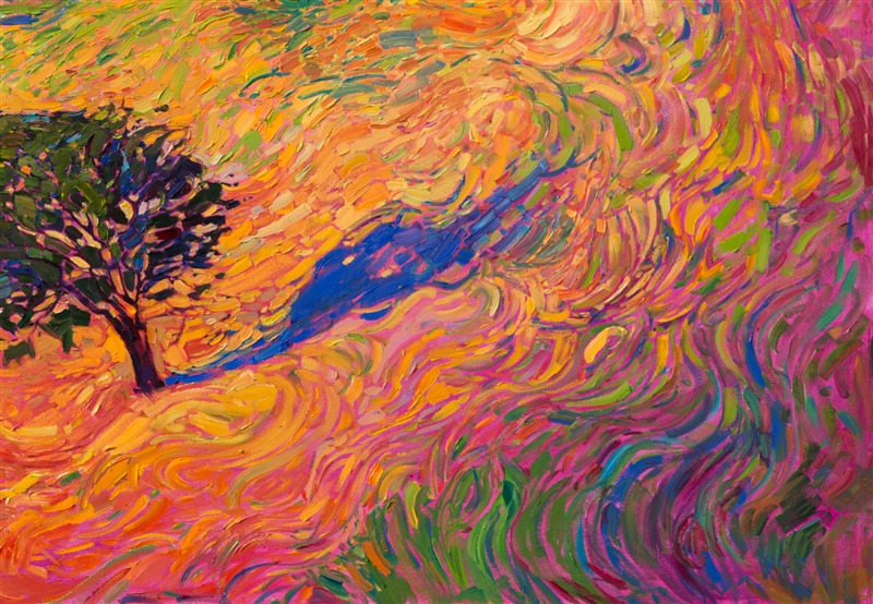 Expressionistic color dances across the canvas in this interpretation of central California wine country.  The softly curved hills and rounded oak trees form complementary patterns in the landscape.  The long summer grasses are captured with curving brush strokes that are reminiscent of van Gogh.</p><p>This large oil painting was created on 2"-deep stretched canvas, with the painting continued around the edges.  This painting has not been been framed, and it can be hung on the wall unframed for a contemporary look.  Please let me know if you are interested in purchasing this painting with a frame.