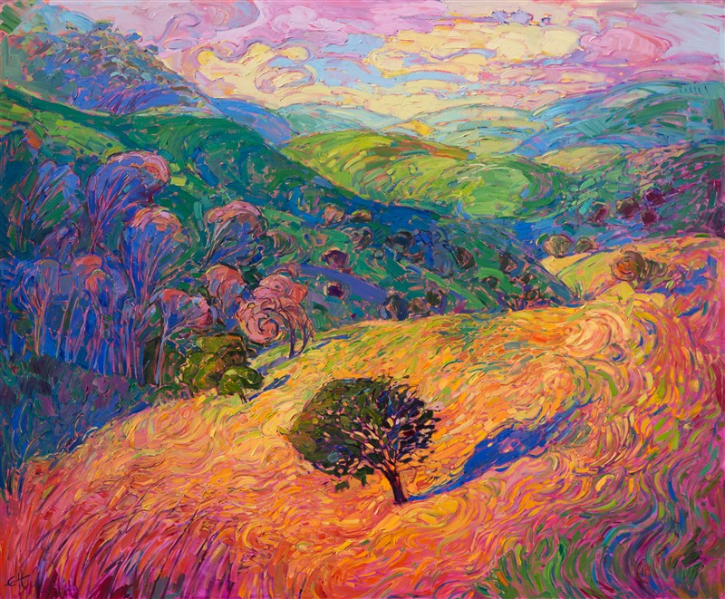 Expressionistic color dances across the canvas in this interpretation of central California wine country.  The softly curved hills and rounded oak trees form complementary patterns in the landscape.  The long summer grasses are captured with curving brush strokes that are reminiscent of van Gogh.</p><p>This large oil painting was created on 2"-deep stretched canvas, with the painting continued around the edges.  This painting has not been been framed, and it can be hung on the wall unframed for a contemporary look.  Please let me know if you are interested in purchasing this painting with a frame.