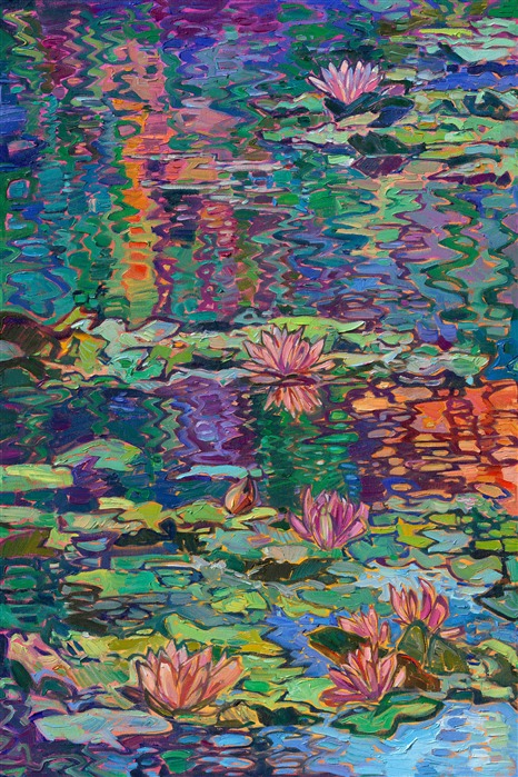 Monet's water lily garden inspired this contemporary impressionism masterpiece by Erin Hanson. Completed in her signature Open Impressionism style, Hanson's first 5-paneled painting (a "pentaptych") captures the beautiful blues and greens of France. Thick brushstrokes of oil paint create a sense of movement throughout the painting, capturing the emotional feeling of standing by the side of Monet's pond and gazing out into the reflections.
